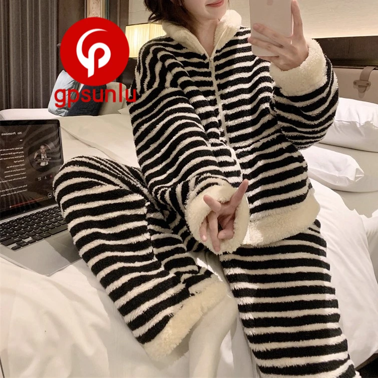 【高端小众】软绵绵条纹半边绒针织睡衣女2026新款秋冬款保暖家居服