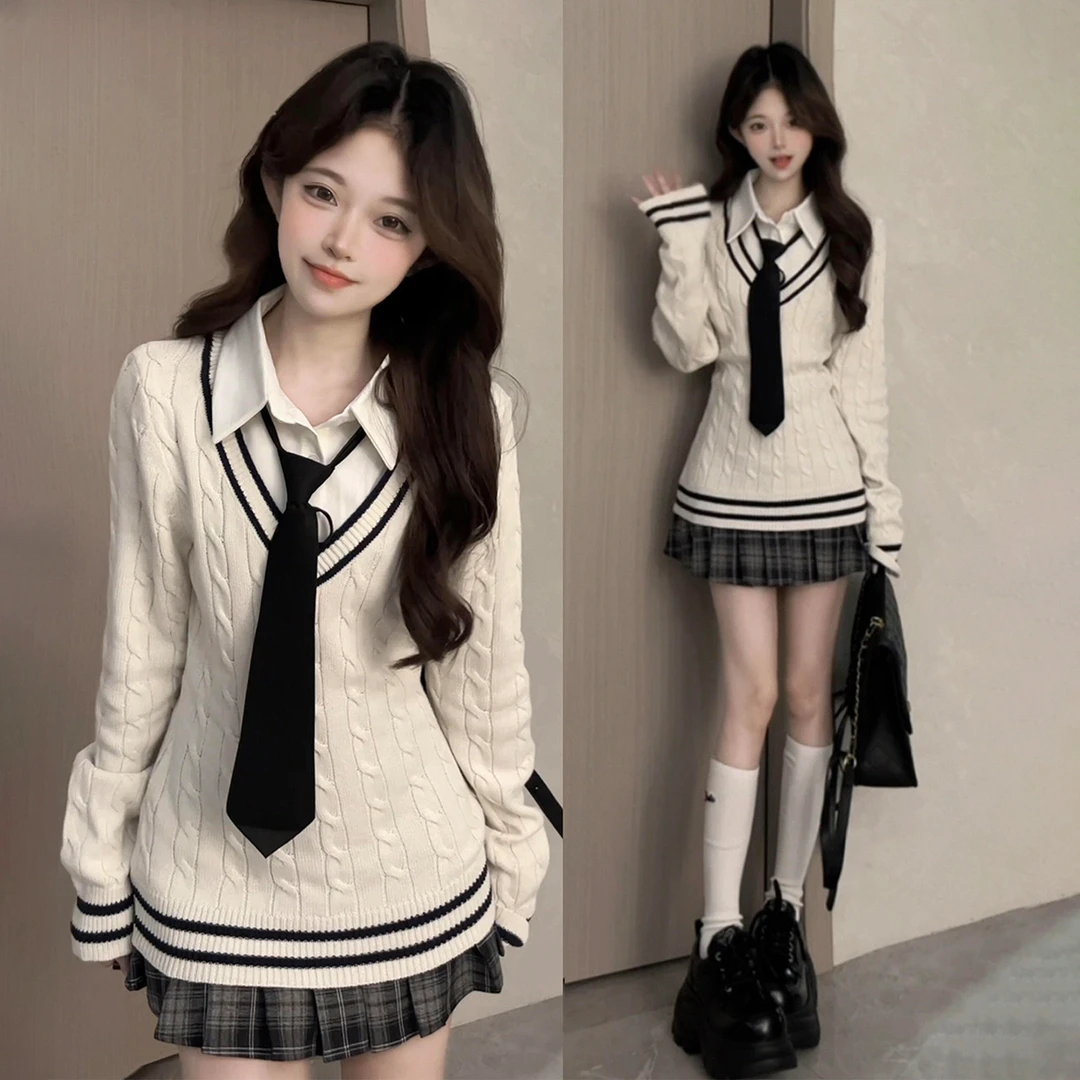 韩系千金针织套装裙子女秋冬季2025新款小个子学院风百褶裙一整套