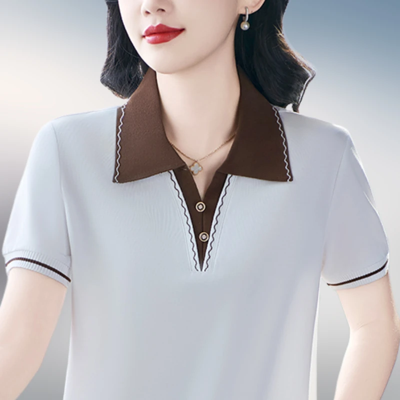 白色时尚妈妈短袖t恤女夏季上衣减龄宽松设计新潮运动polo衫中年