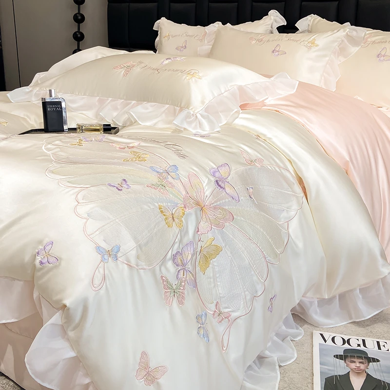 公主风夏季冰丝四件套花边刺绣被套裸睡被套床单人床上用品三件套