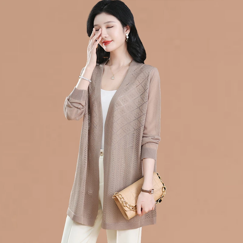 冰丝针织开衫女夏季外搭配吊带裙披肩中年妈妈镂空桑蚕丝防晒外套