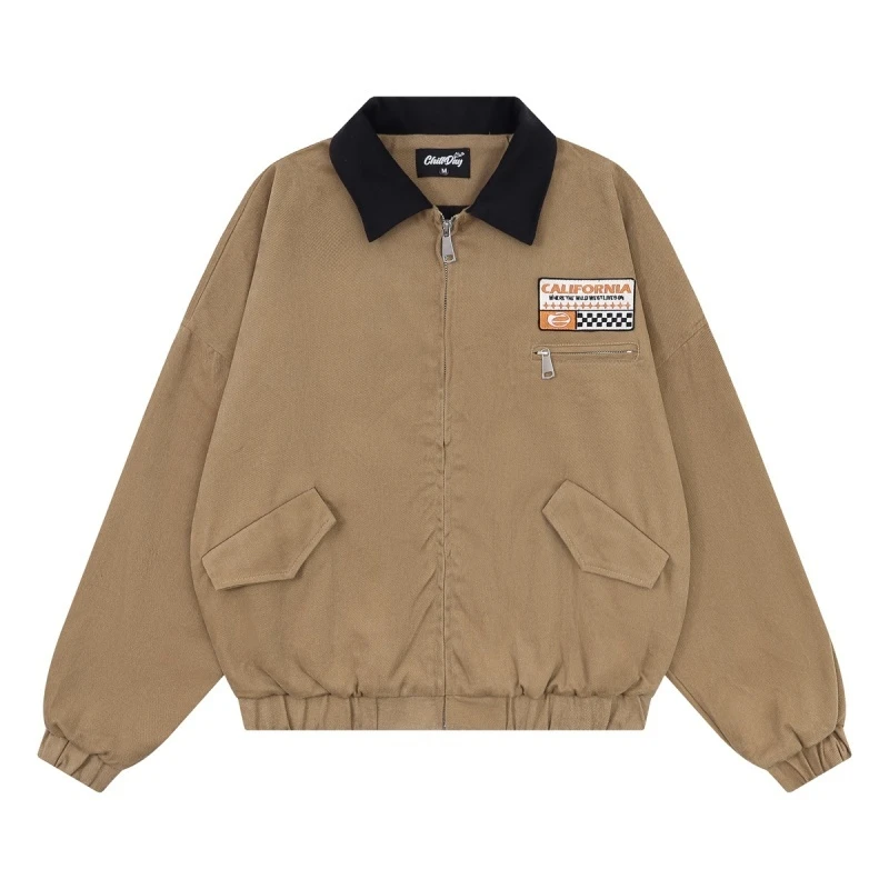 美式复古街头个性潮流宽松拼色翻领夹克外套欧美中性风工装外套秋