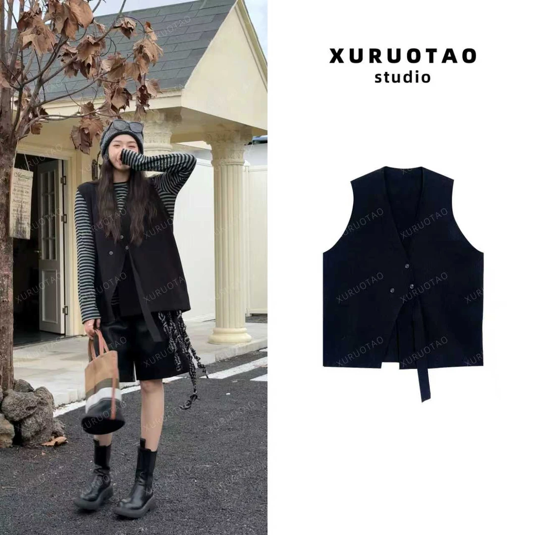 XURUOTAO 【奥斯丁马甲】羊毛针织设计感显瘦百搭黑色马甲 T5582