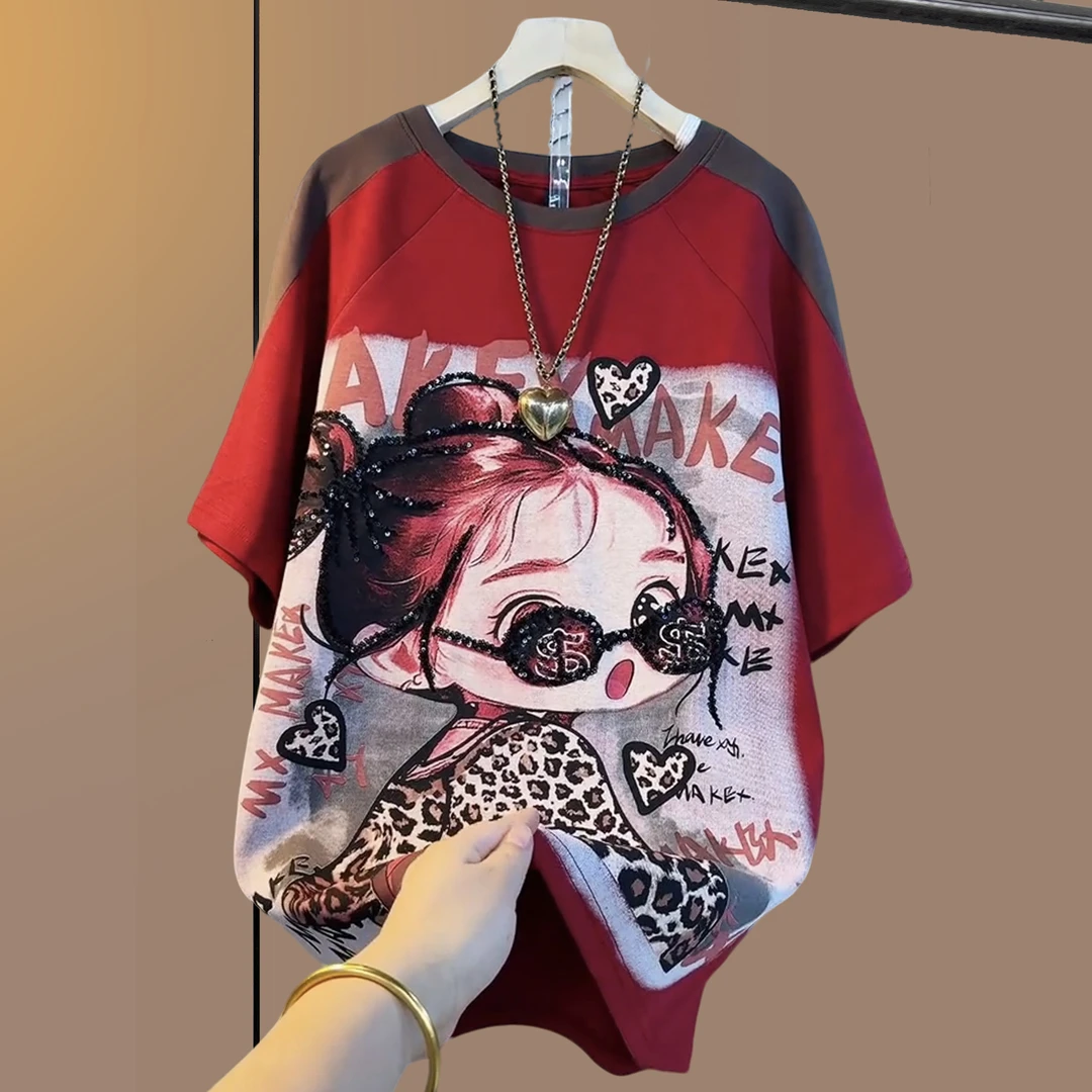 大码女装冬季短袖红色半袖上衣胖妹妹遮肉显瘦宽松时尚百搭打底衫