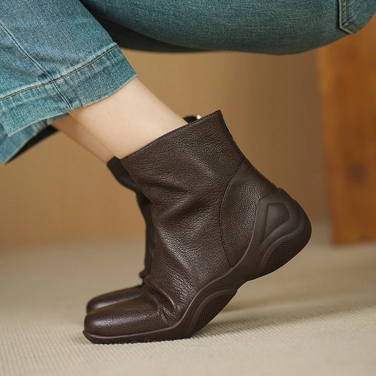 法式轻奢/3cm时尚百搭羊皮靴子2025秋冬运动风舒适软底方头短靴女