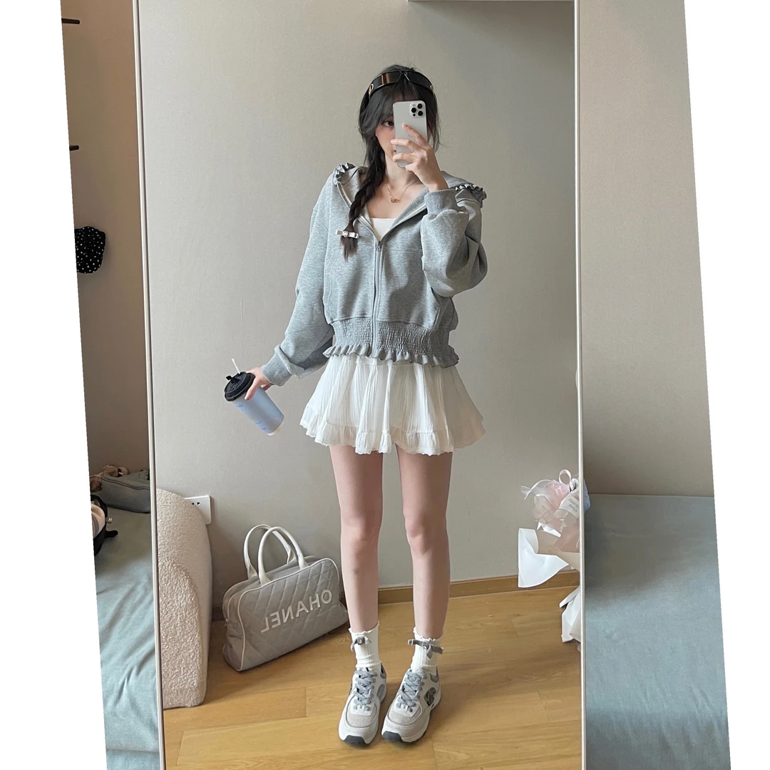 WANZI【初春暖阳】荷叶边纯欲显瘦卫衣百搭弹力白裙