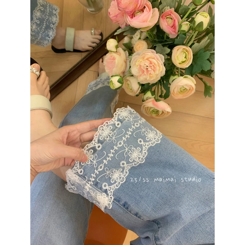 夏季必备显瘦蕾丝拼接神裤~小个子显瘦梨型身材直筒牛仔裤