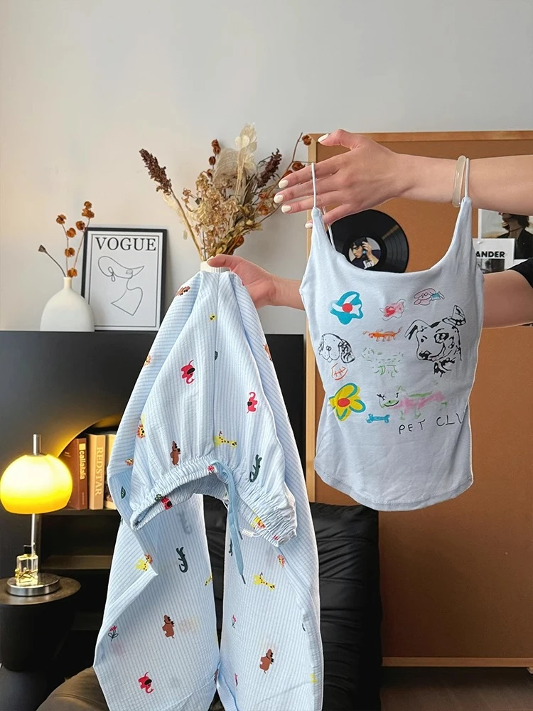 【DMXJ大梦想家】卡通印花睡衣女款夏季2025新款蓝色长裤家居服套装