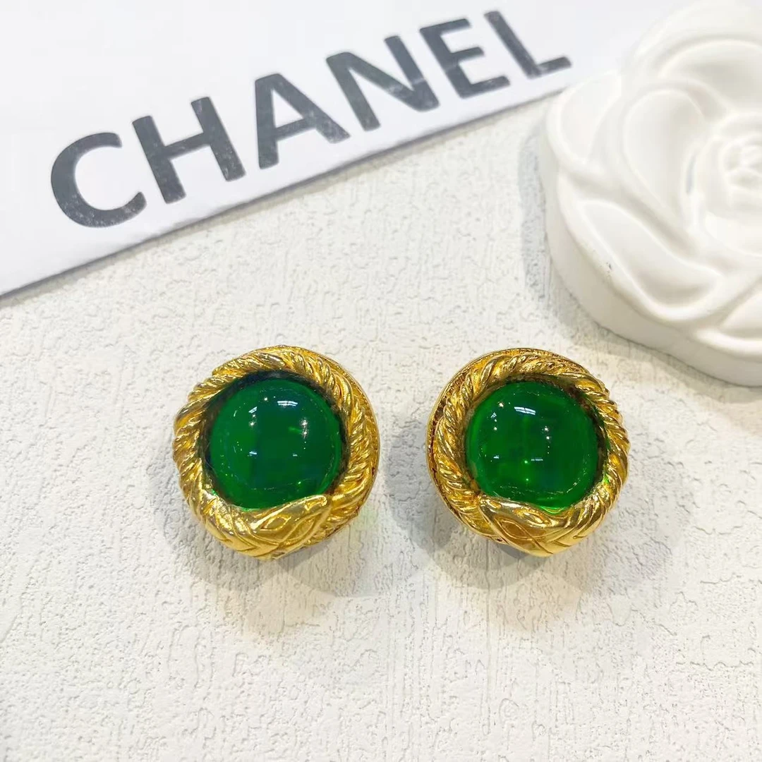 95新 Chanel/香奈儿 中古素金绿琉璃蛇造型耳夹/EJ55001