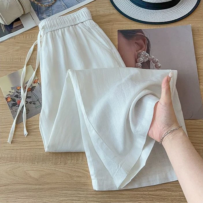 2025新款天丝亚麻黄色棉麻阔腿裤女夏季薄款高腰垂坠感九分直筒裤