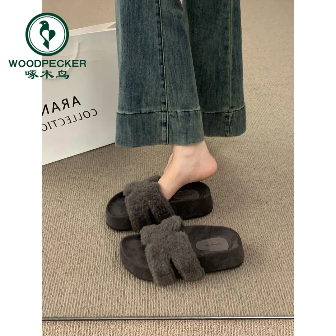 啄木鸟复古休闲厚底毛毛拖鞋女秋冬外穿2025新款毛绒保暖棉鞋半托
