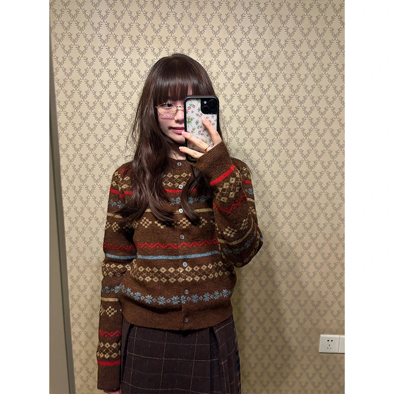 费尔岛提花毛衣开衫复古气质百搭2024年秋冬新款针织衫