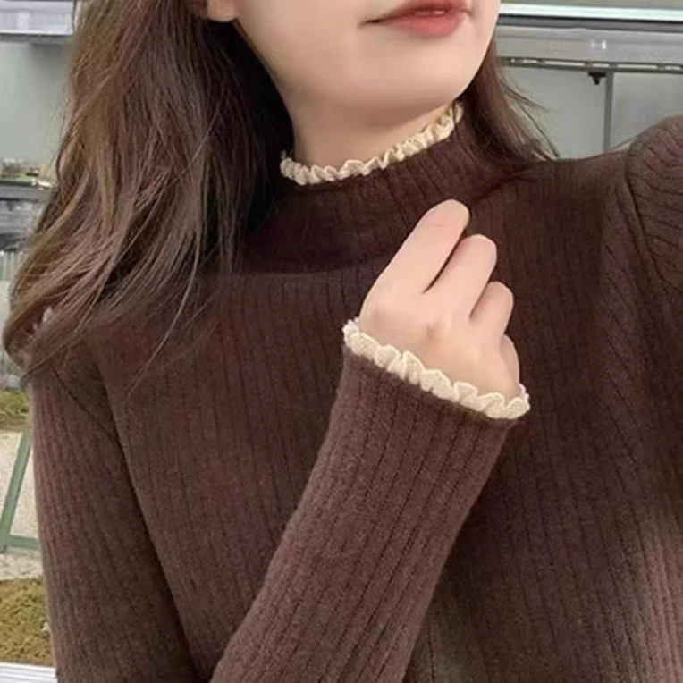 蕾丝花边加绒加厚一体绒毛衣女秋冬新款保暖内搭半高领针织打底衫