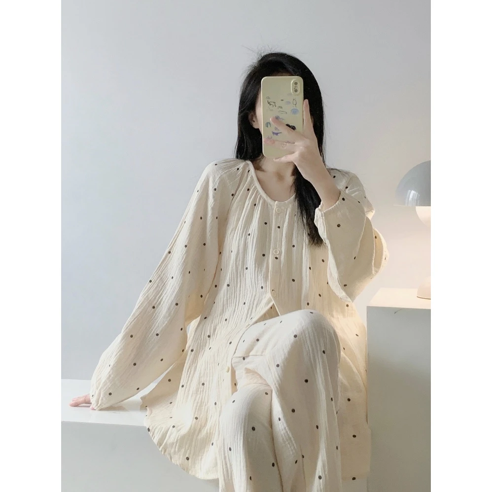 双层棉纱可爱波点可外穿睡衣女套装秋季新款柔软舒适外穿家居服女