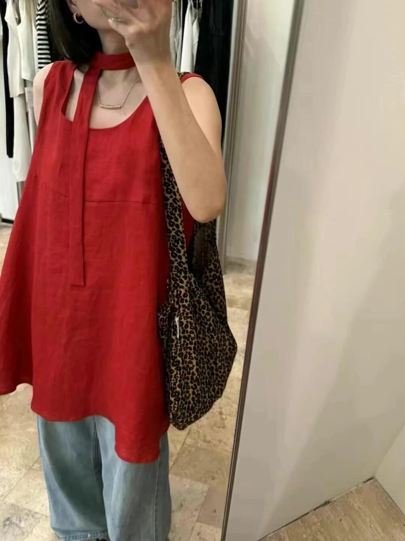 『夏季no退换』麻料飘带圆领无袖背心小衫上衣