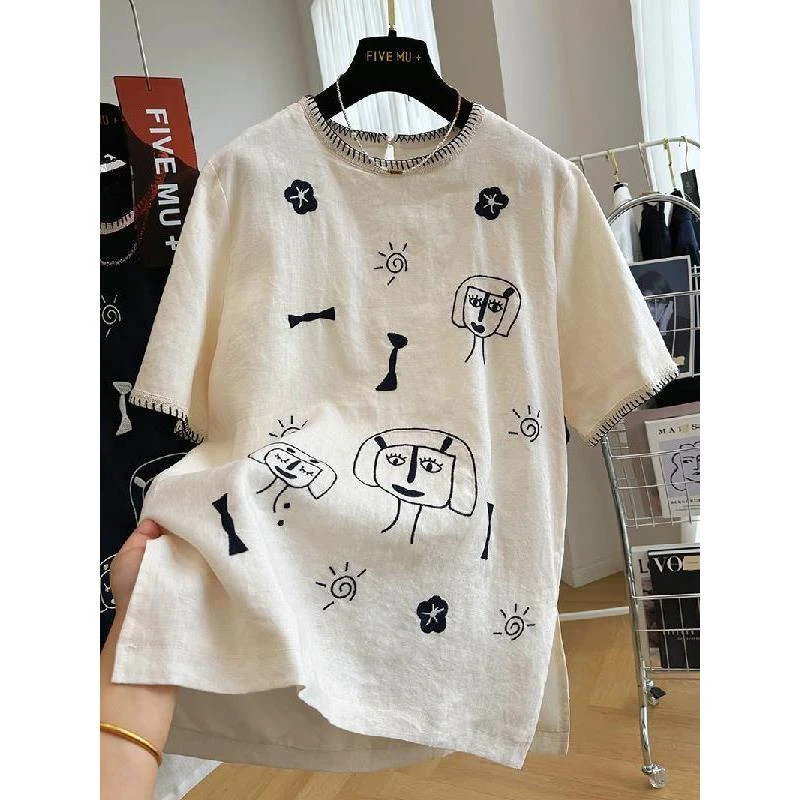 复古潮牌2-300斤特大码卡通刺绣短袖T恤夏季男女时尚慵懒重磅上衣