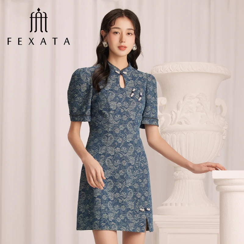 【老板娘夏天】FEXATA牛仔连衣裙新中式气质提花民国风牛仔裙