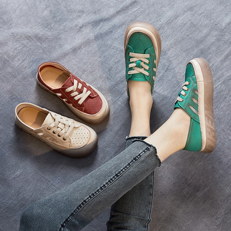 2025新款夏季镂空洞洞鞋女厚底浅口两穿休闲头层牛皮复古板鞋