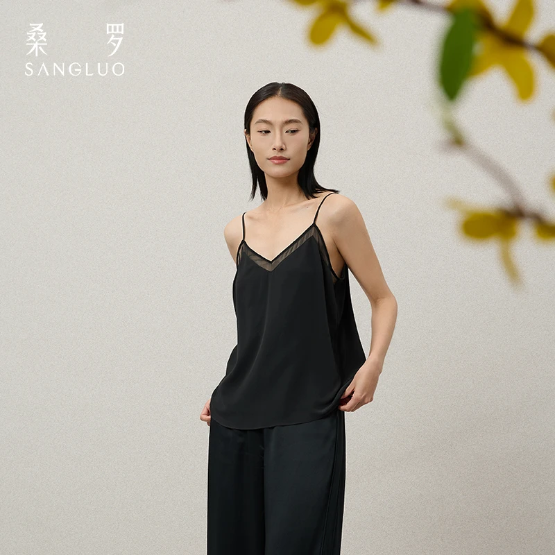 【25年新款吊带】桑罗几何真丝吊带透气女休闲简约黑色上衣03A21311