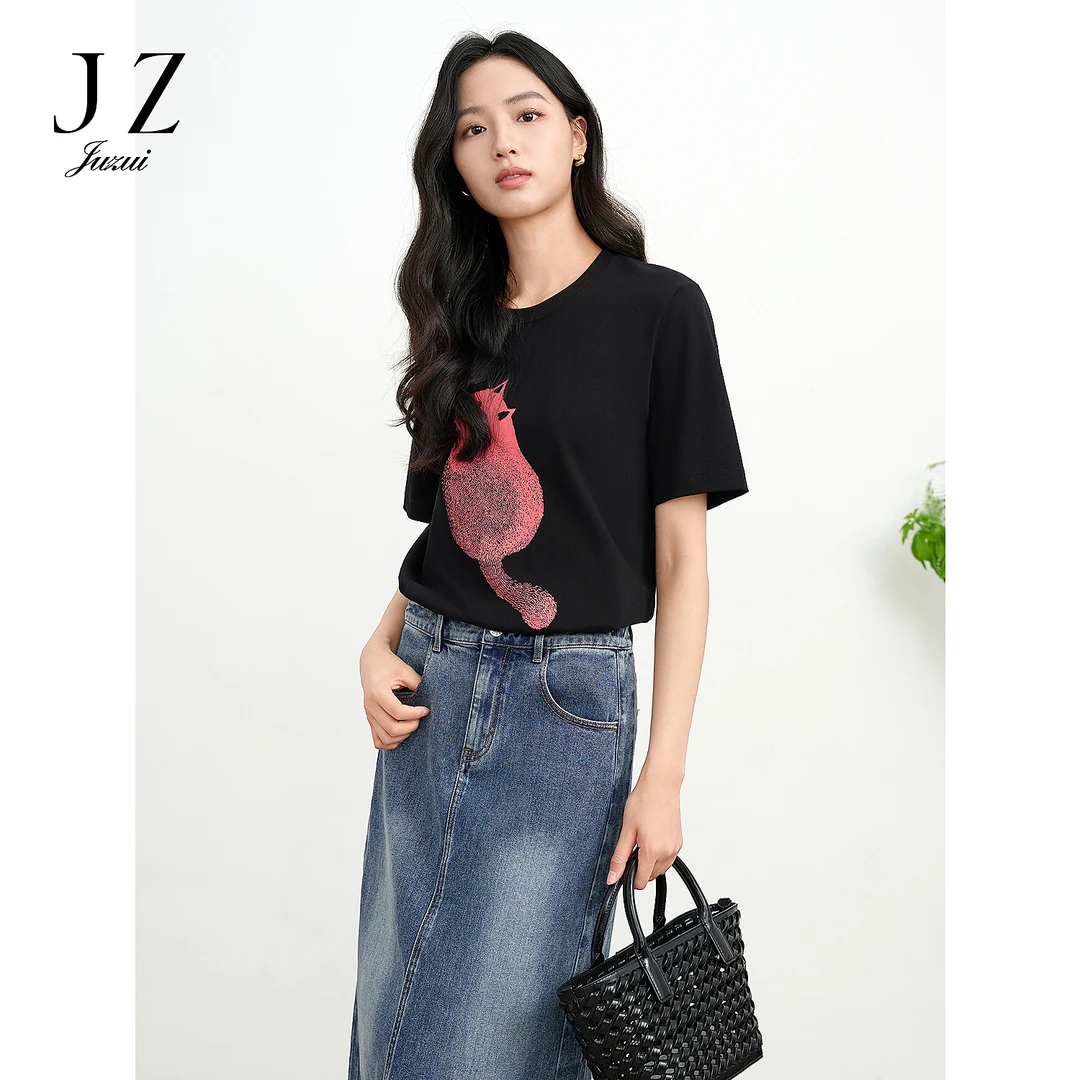 JUZUI玖姿100%棉猫咪印花黑色圆领T恤JWFX83314女2025夏季新款