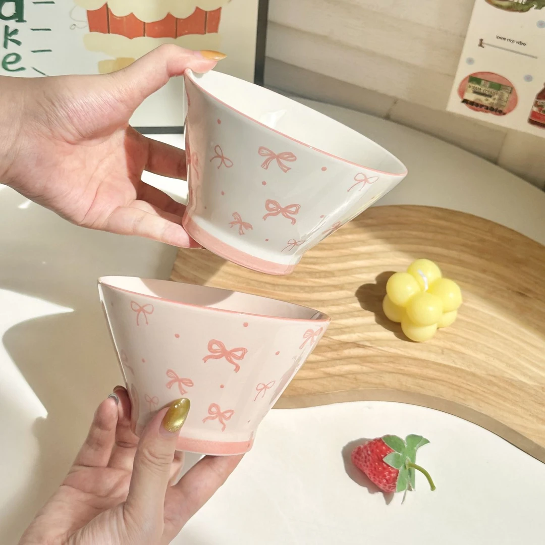 少女心蝴蝶结斗笠碗陶瓷饭碗高颜值可爱餐具甜品碗情侣釉下彩yj