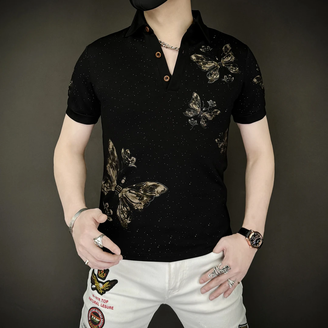 夏季轻奢时尚潮流个性星蝶男士高品质商务休闲修身半袖上衣翻领