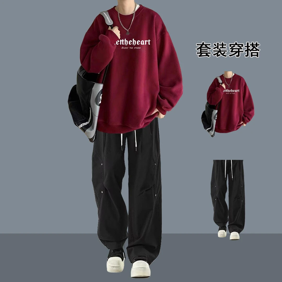 重磅红色潮流加绒卫衣男生秋冬套装休闲痞帅初高中生日常显高一套