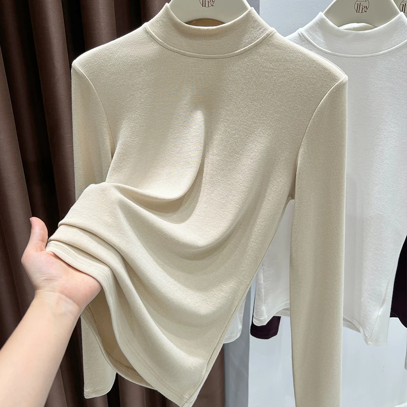 卡其色立领德绒打底衫女爆款2025新款秋季长袖正肩内搭高级感上衣