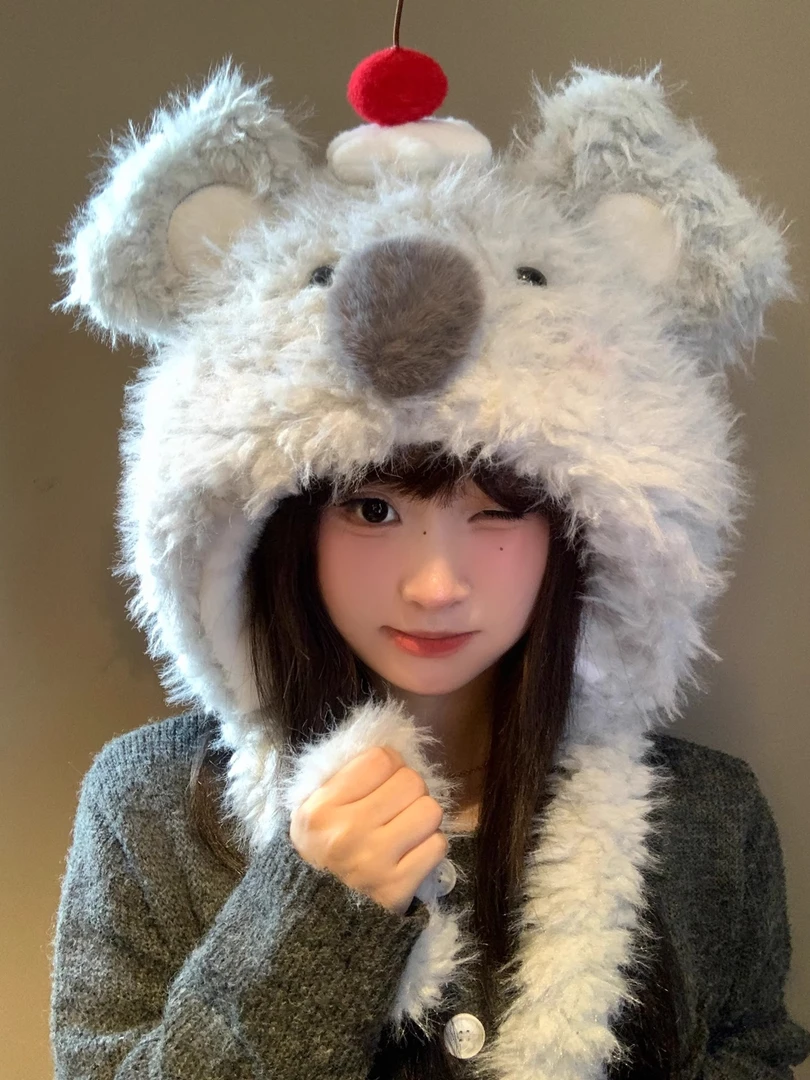 可爱耳朵会动的小考拉毛绒帽子女冬季加厚保暖护耳雷锋帽东北防寒