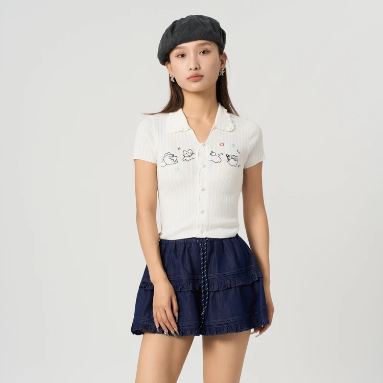 西町村屋减龄可爱小猫刺绣针织衫夏季新款文艺短袖小衫XAAB10511