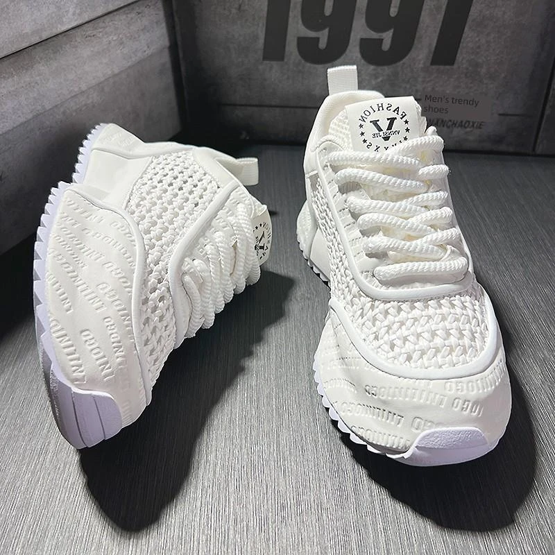 男鞋2025年新款夏季网面透气编织裁剪白鞋休闲运动厚底增高爸爸鞋