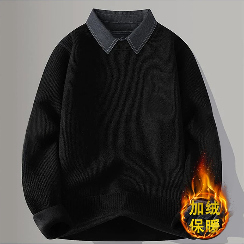 毛衫秋冬季假两件毛衣男士衬衫领线衣加绒加厚保暖上衣内搭针织衫