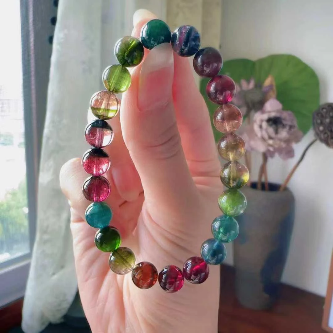 天然真品西瓜碧玺单圈手链8.5mm21.7g正品圆珠碧玺简约手串饰品女