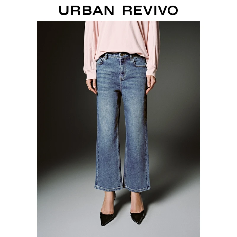 UR2025冬季新款女装复古时髦猫须水洗牛仔长裤UWB850011