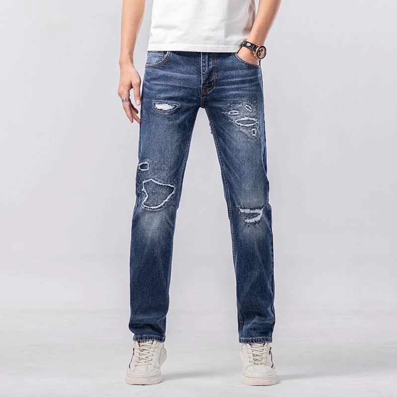 街头潮男百搭破洞补丁水洗修身显瘦弹力舒适耐穿小脚休闲牛仔裤