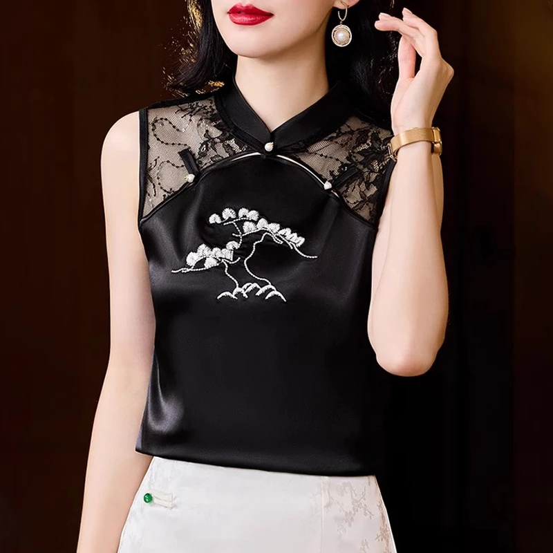新中式刺绣背心女春夏新款内搭缎面吊带打底小衫外穿国风无袖上衣