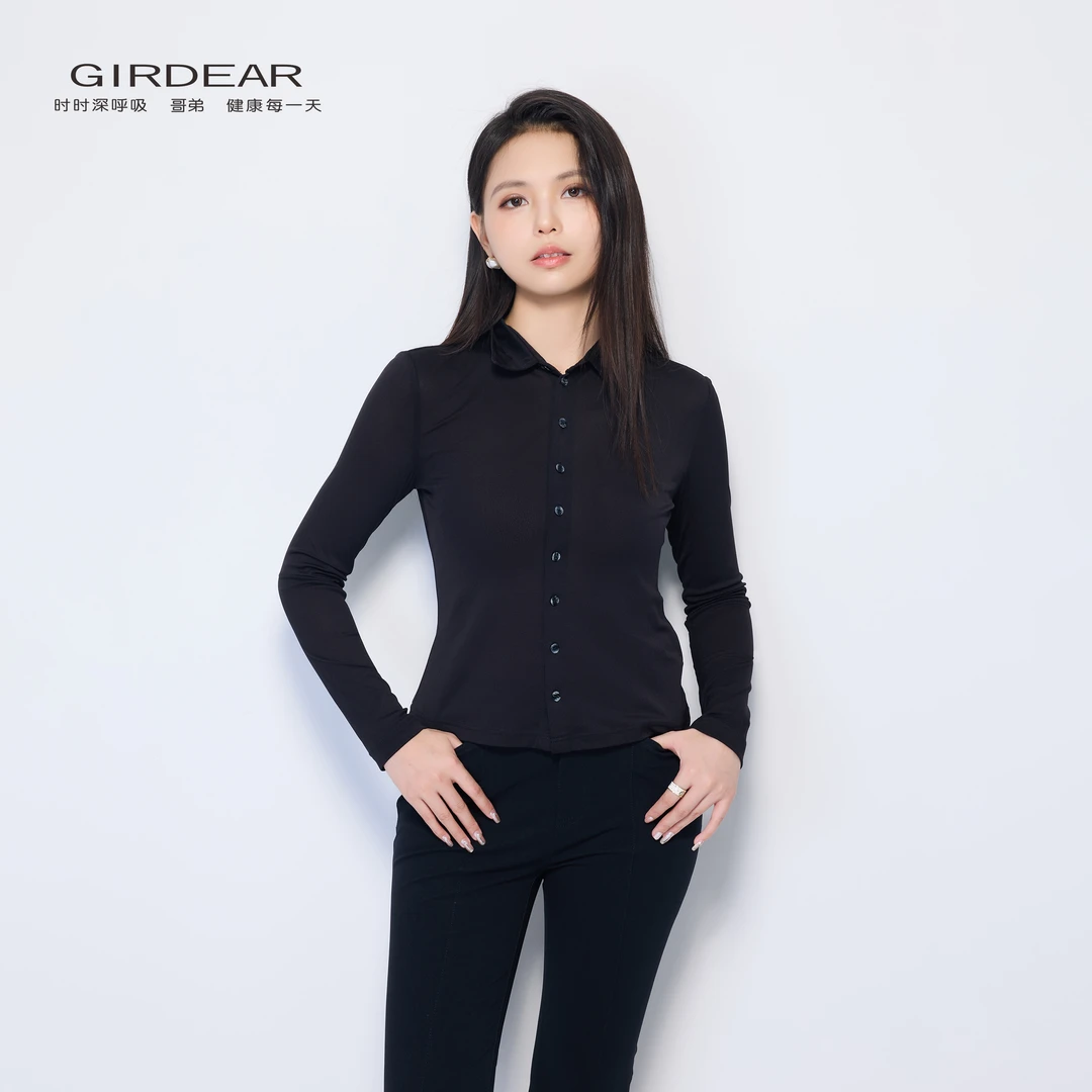 GIRDEAR/哥弟优雅气质新款黑色衬衣显瘦经典透纱衬衫女1300782-11
