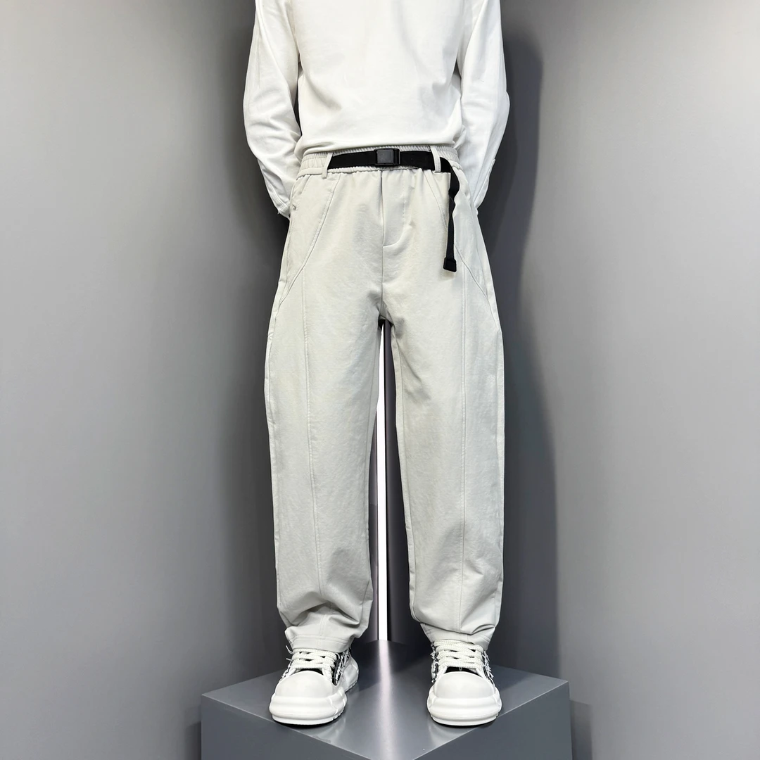 2025早秋新款拼接小弯刀休闲裤男士潮流腰带装饰百搭纯色休闲长裤