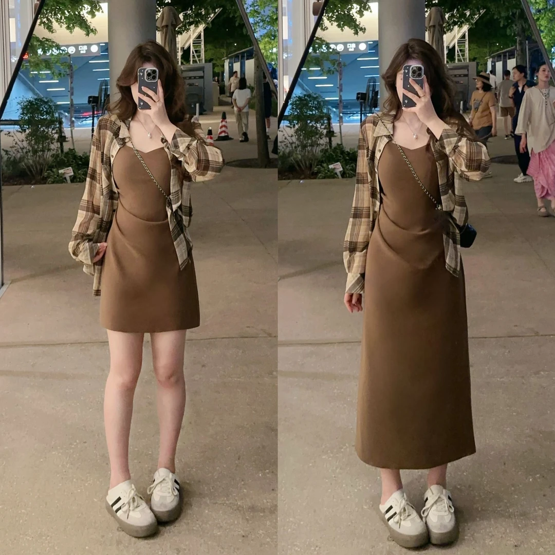 【闭店清仓】卡其格纹衬衫WP10047+咖色收腰吊带裙WP10101