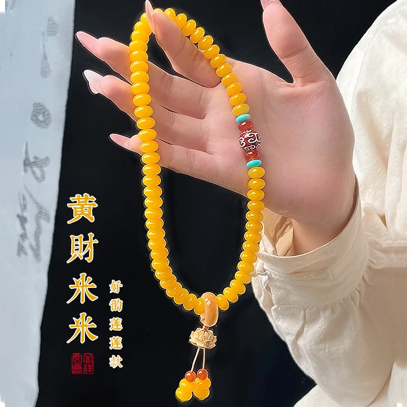 天然黄菩提手串双圈女款莲花吊坠民族风新中式文玩串珠情侣款礼物