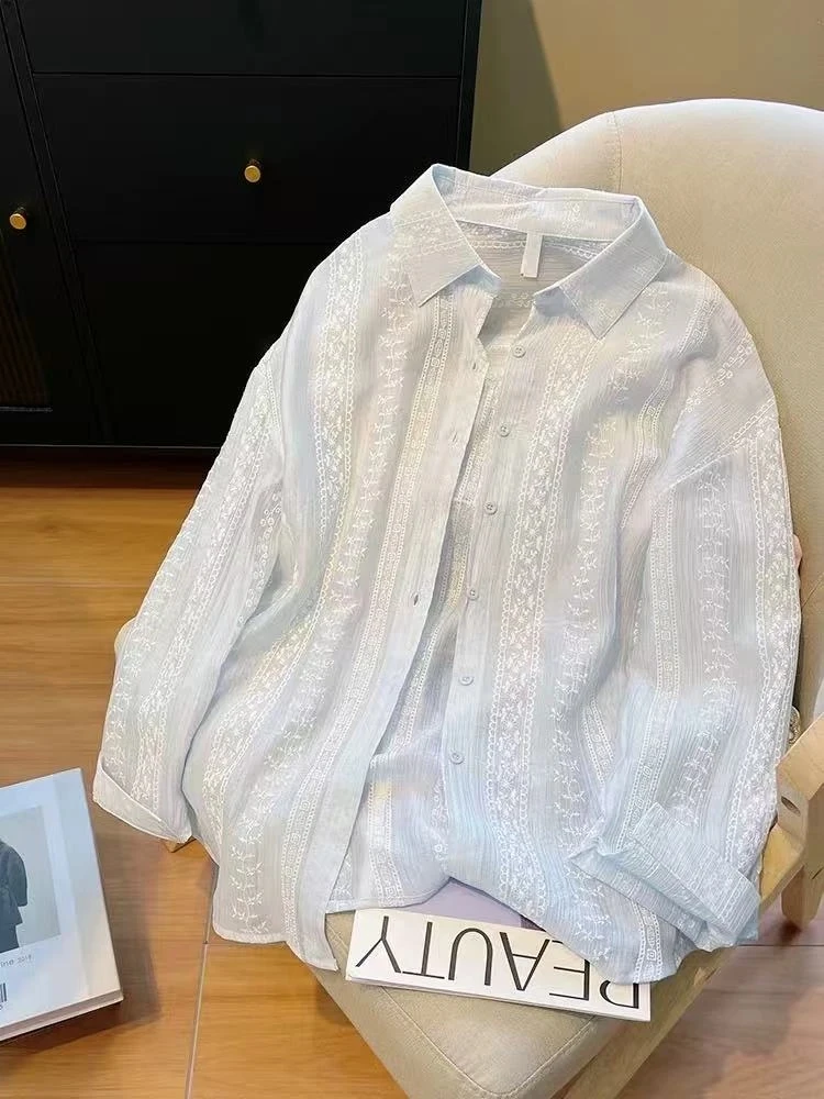 【现货+运费险】薄款防晒衬衫女宽松显瘦长袖百搭蕾丝钩花外搭衬衣