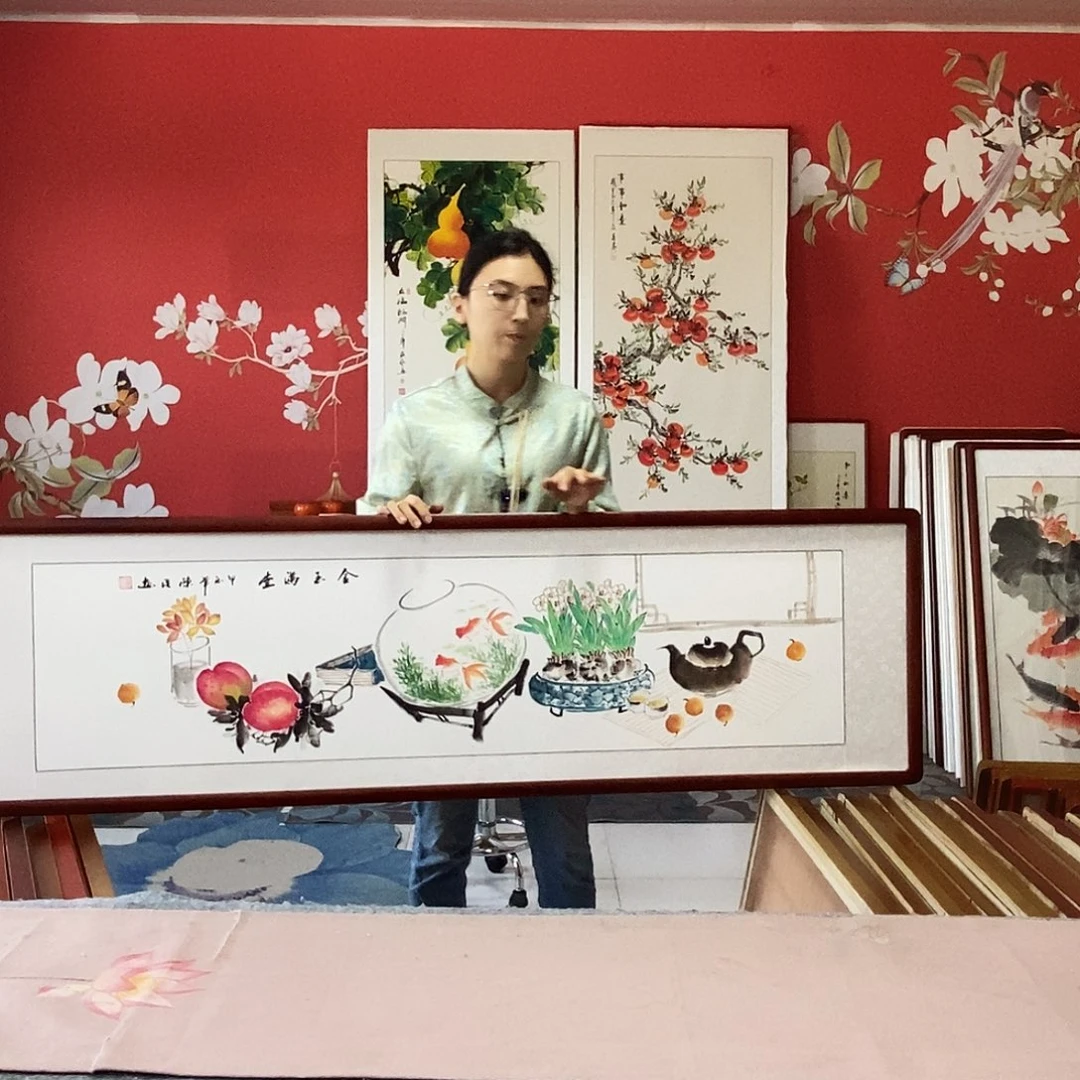 国画手写手绘国画作品带框包邮47✖️162