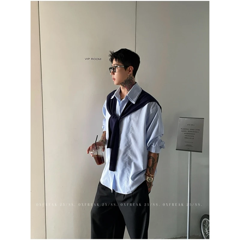 2-300斤加大码条纹拼色披肩长袖衬衫2025初秋新款男女商务翻领衫
