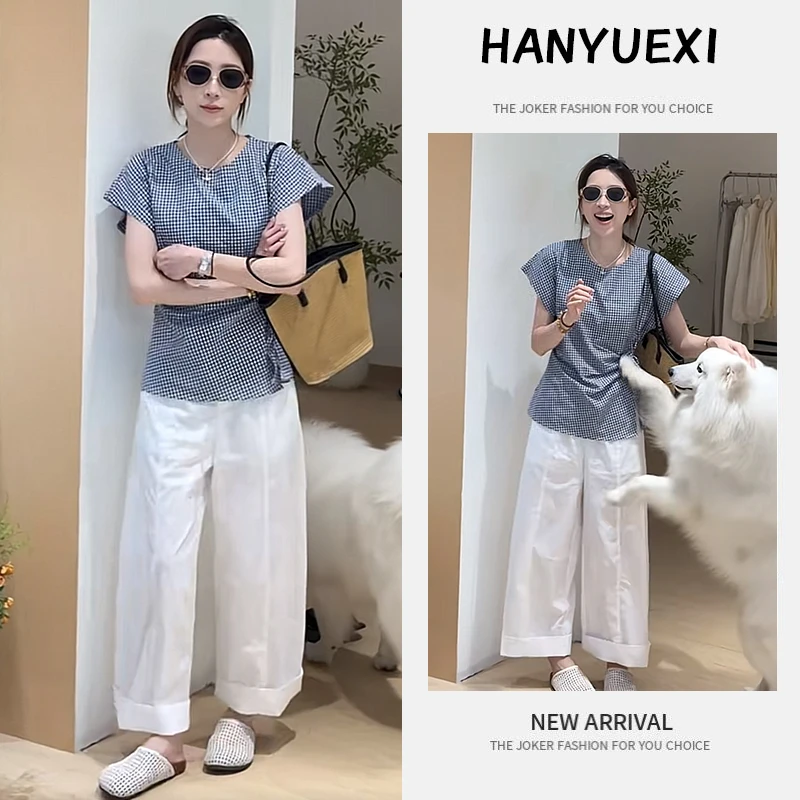 夏季时尚一整套女装2025新款圆领格子衬衫百搭休闲阔腿裤两件套潮