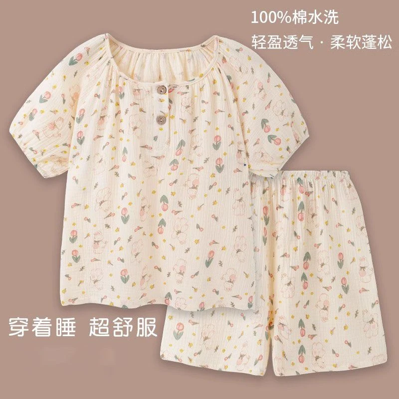 『田园小奶兔』全棉睡衣女泡泡纱纯棉宽松套头短袖短裤家居服夏薄款