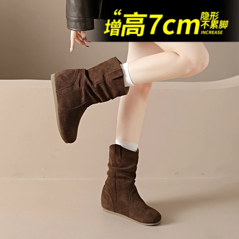 小个子真皮内增高7cm勃肯短靴女2025新款褶皱堆堆靴美拉德西部靴