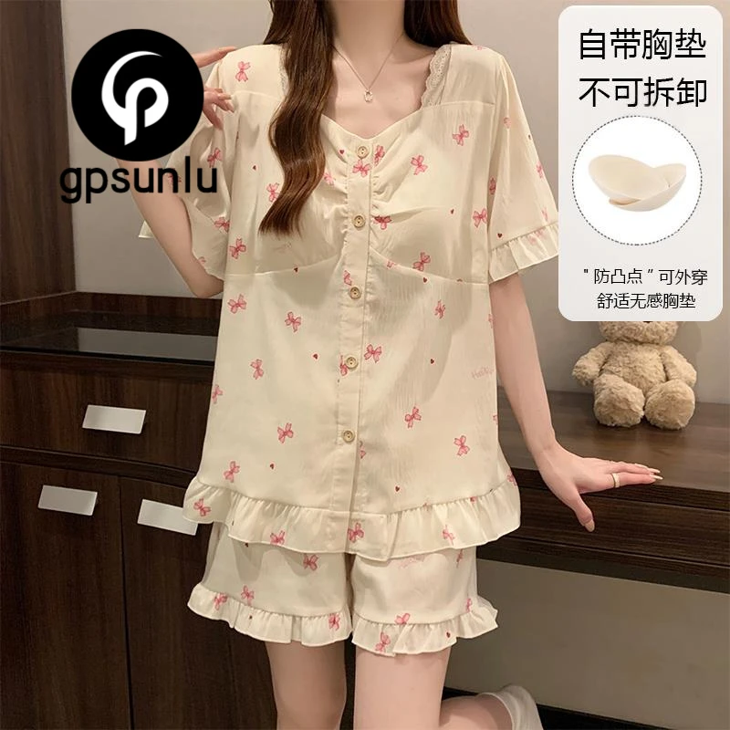 GPSUNLU睡衣女夏季薄款短袖短裤宫廷风蝴蝶结带胸垫家居服套装
