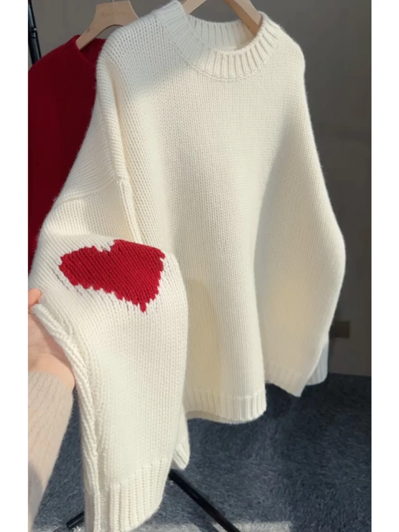 韩系洋气圆领套头爱心白色毛衣女秋冬季2025软糯慵懒风针织衫上衣