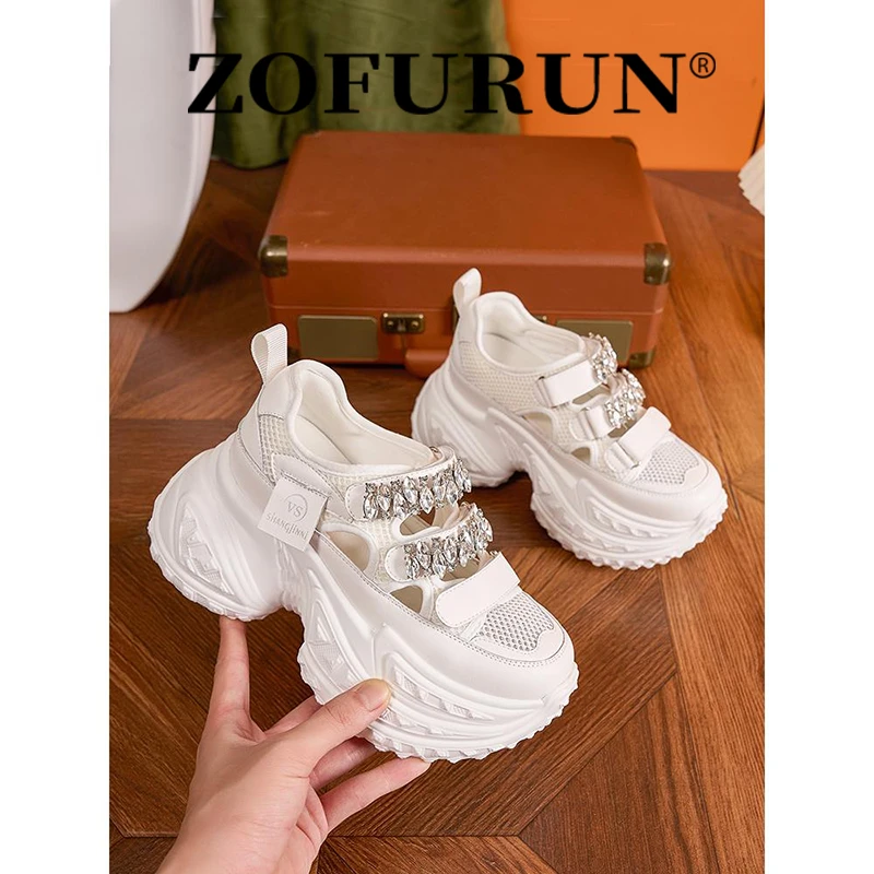 ZOFURUN复古包头运动凉鞋女时尚夏季新款厚底水钻镂空休闲老爹鞋