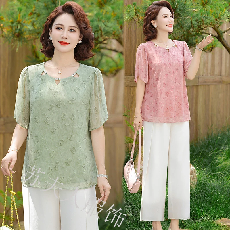 时尚中年妈妈夏装短袖T恤上衣中老年女夏季洋气宽松小衫2025新款